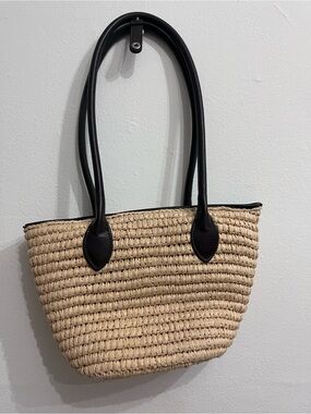 Woven Straw Tote Bag with Black Handles